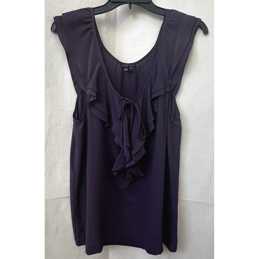 Theory 100% Silk Ruffle Neck Sleeveless Blouse‎ L Purple Dark Fairy Whimsigoth